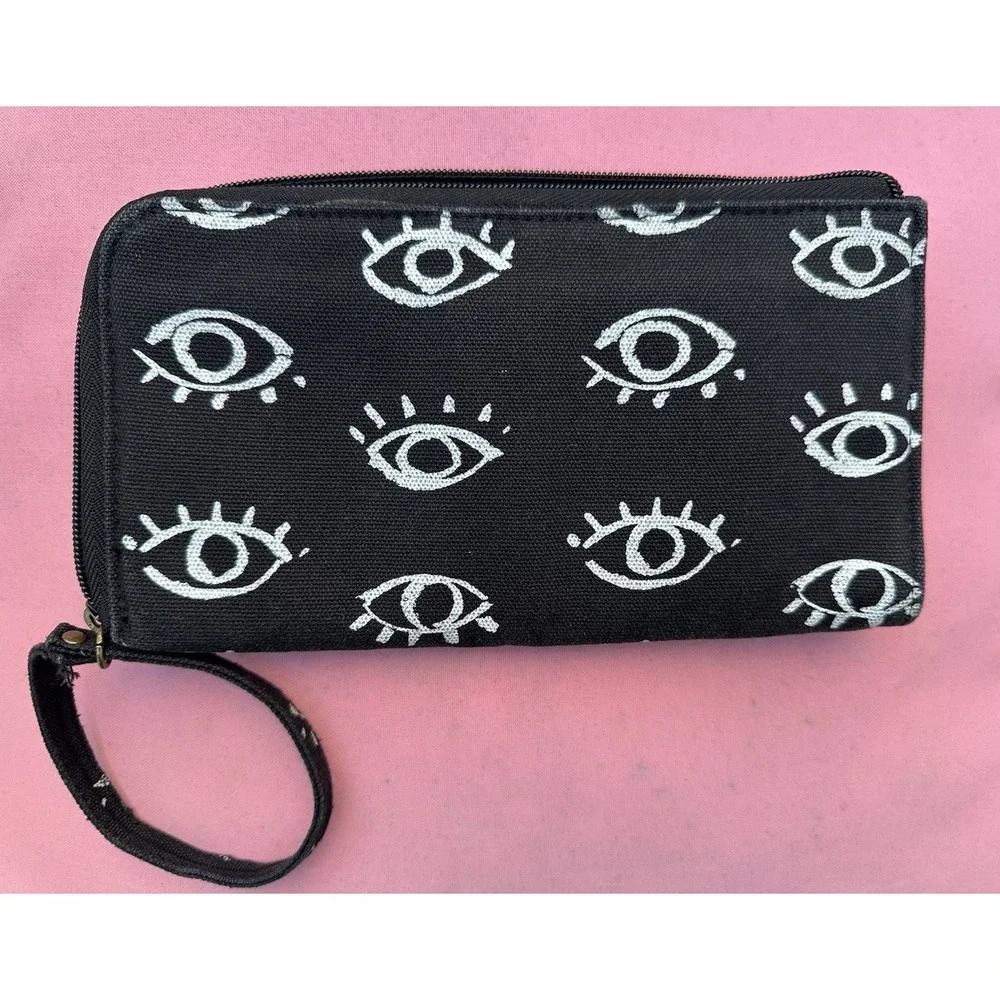 Billabong Canvas Wristlet Wallet Eye Print‎ Black Boho Surf Zip Pouch 9x5